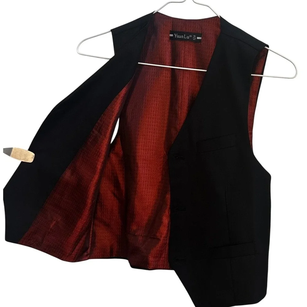 Yuan Lu Boys Black Formal Dress Suit Vest Lining Red Diamond‎ Sz 12 with Bow Tie